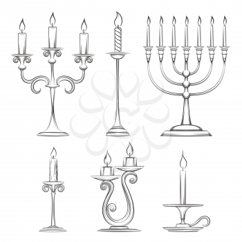 Vector hand drawn candlesticks. Vintage candelabra, candlestick and menorah sketch