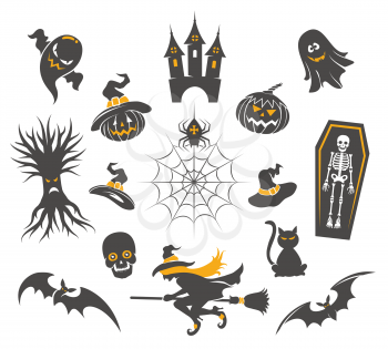 Halloween icons with halloween pumpkins isolated on white. Spider and black cat, skull and witch vector illustration