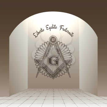 Masonic sign in arch with stone floor vector illustration. Liberte Egalite Fraternite