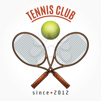 Tennis team club label with crossed racquets and tennis ball isolated on white background vector