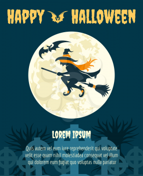 Halloween dark party invitation with witch and moon vector poster