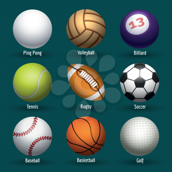 Vector sports balls for basketball, rugby and soccer. Plastic and leather stitching ball icons