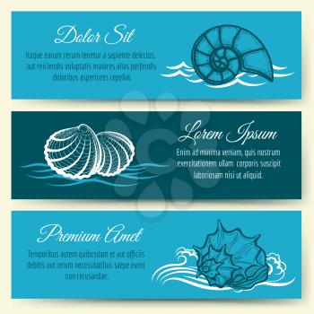 Seashell frame banners. Vector ocean beach and sea shell travel card templates