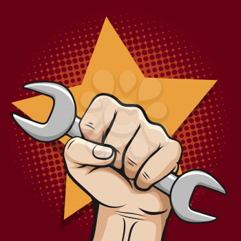 Labour day poster with working hand and wrench and bursting star. Vector illustration
