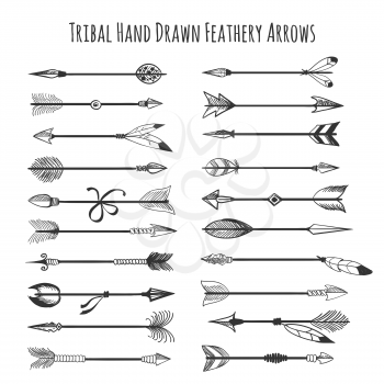 American indian arrow icons. Tribal hand drawn feathery arrows vector illustration