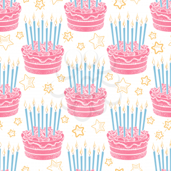 Hand drawn birthday cake seamless pattern. Pastel color cake with candles and stars background. Vector illustration