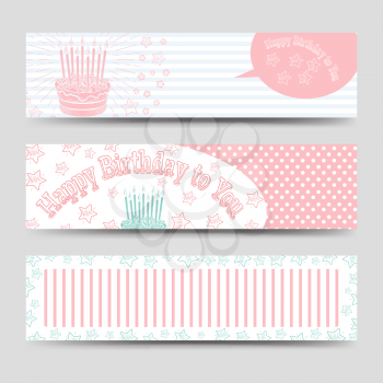 Birthday banners template with cake stars and Happy Birthday lettering. Vector illustration