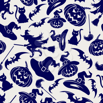 Halloween seamless pattern with witch hat cats bats and pumpkins. Vector illustration