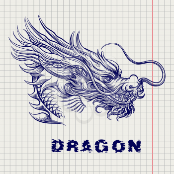 Sketch of dragon head on notebook page. Vector illustration