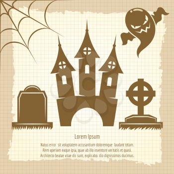 Vintage halloween poster with castle angry ghost spider web and headstones vector