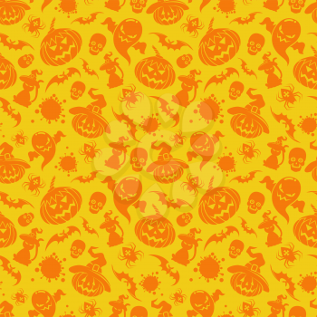 Colorful halloween seamless pattern with pumpkin cat and bats. Vector illustration