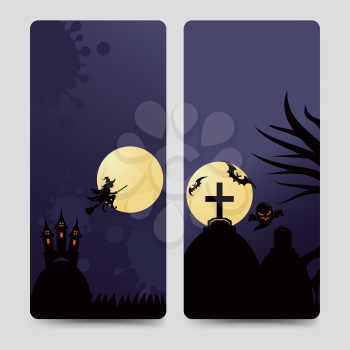 Halloween brochure flyers template with ghost castle headstones and full moon. Vector illustration