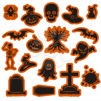 Halloween stickers set with ghosts, bats, headstones isolated on white. Vector illustration