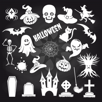 Popular halloween elements set on chalkboard background. Vector illustration