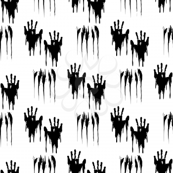 Black handprints on white seamless pattern. Horror background vector illustration