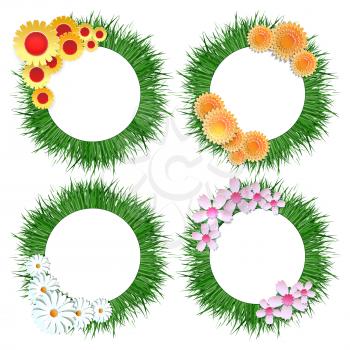 Grass wreath with flower bouquet set vector isolated on white
