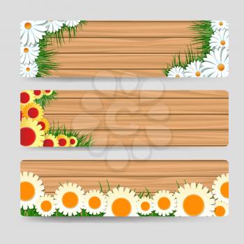 Wood horizontal banners template with grass and flowers. Vector illustration