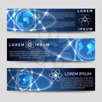 Horizontal banners set with earth abstract sphere and shining elements. Vector illustration