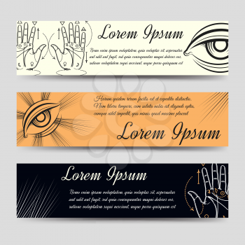 Isoteric banners set. Horizontal banners with alchemy and palmistry elements. Vector ilustration