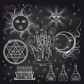 Isoteric signs, philosophy and alchemy elements on chalkboard background. Vector illustration
