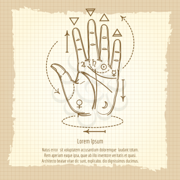 Palmistry sign vector illustration. Hand and isoteric signs on vintage background