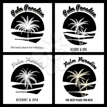 Black and white palm paradise logo set. Monochromic icons with palm trees. Vector illustration