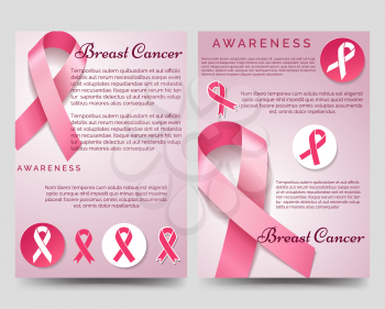 Breast cancer awareness brochure flyers template with pink ribbons vector