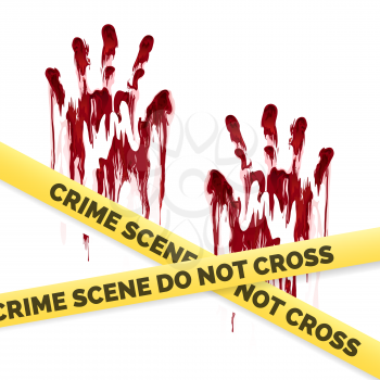 Crime poster with bloody handprints and police crime scene scoth isolated on white background. Vector illustration