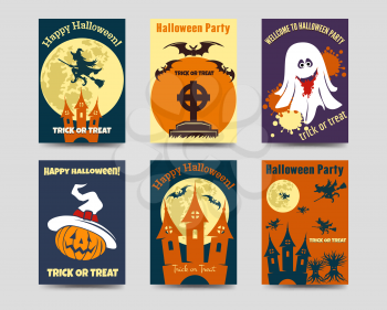 Halloween flyers template with halloween flat elements. Vector six flyers with pumpkin ghost