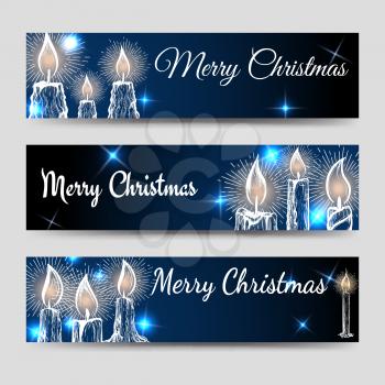 Christmas banners template set with candles and shining elements. Vector illustration