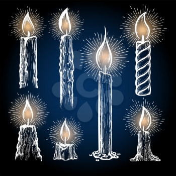 Hand drawn candles collection with shining elements vector