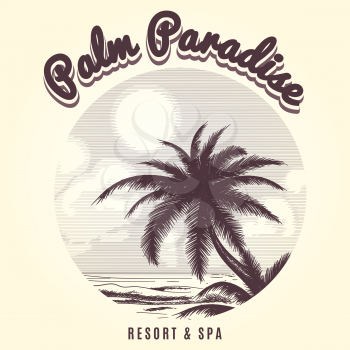 Hand drawn palm tree and ocean front sketch logo. Vector illustration