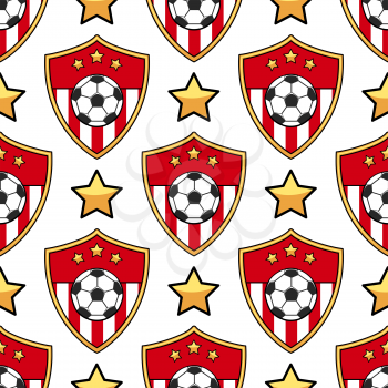 Sport seamless pattern soccer. Football background with ball and emblem. Vector illustration