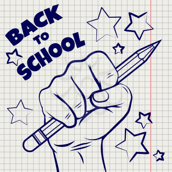 Back to school sketch with hand and pencil on notebook page. Vector illustration