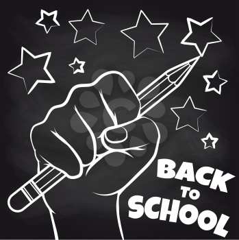 Chalkboard back to scool sketch with hand and pencil. Vector illustration