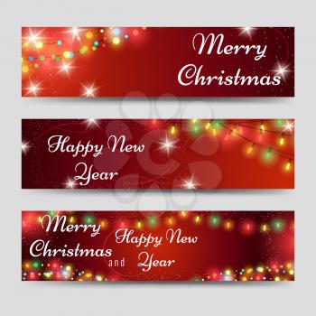 Christmas and new year banners template with garlands on red backdrop. Vector illustration