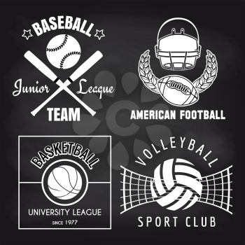 Set of sport banners on chalkbpard. Baseball volleyball basketball and american footbal banners collection. Vector illustration
