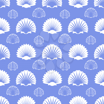Ocean seamless pattern with white sea shells on blue background. Vector ilustration