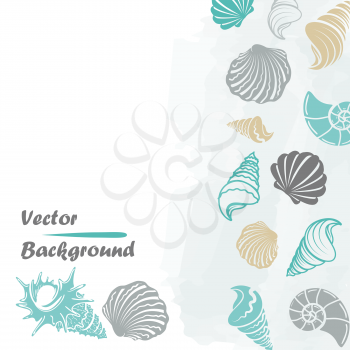 Sea or ocean background with colorful sea shells and watercolor elements. ector illustration