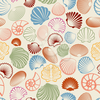 Sea seamless pattern with colorful sea shells. Vector illustration