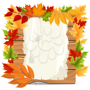Wood banner with autumn leaves and paper for text vector