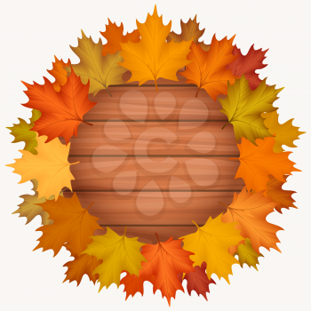 Circle wood banner with colorful autumn leaves wreath vector