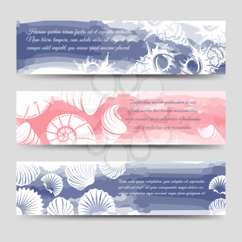 Ocean banners template with sea shells and watercolor elements vector