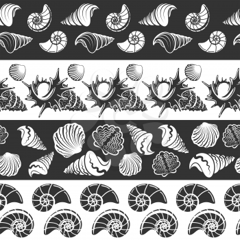 Sea seamless borders vector illustration. Monochromic patterns with sea shells