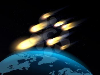 Shooting stars or fall comets over globe map. Meteor shower vector illustration