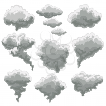 Cartoon smoke vector illustration. Smoking gray fog clouds on white background