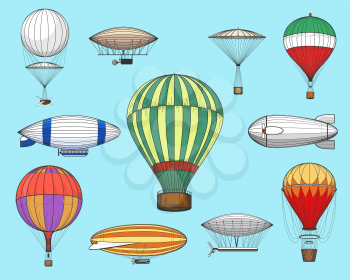 Vintage flights airships. Vector retro dirigibles and hot air balloons isolated on blue background