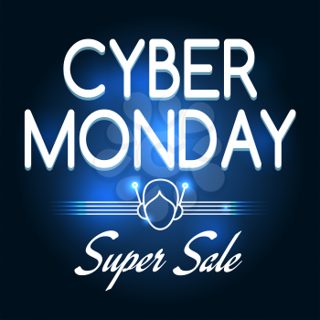 Cyber monday super sale promo poster with blue background. Vector illustration