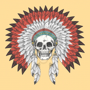 Colorful Native american indian skull in feather headdress vector illustration