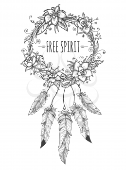 Boho indian decorative wreath with flowers, beads and feathers vector isolated sketch